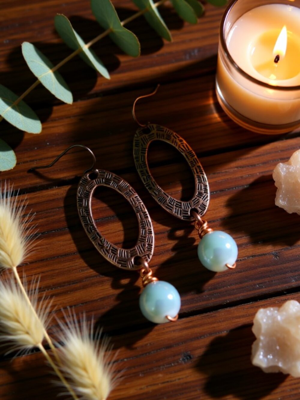 Rustic CountryCore SouthWestern Boho Dangle Earrings! Dove Gray Ceramic + Copper